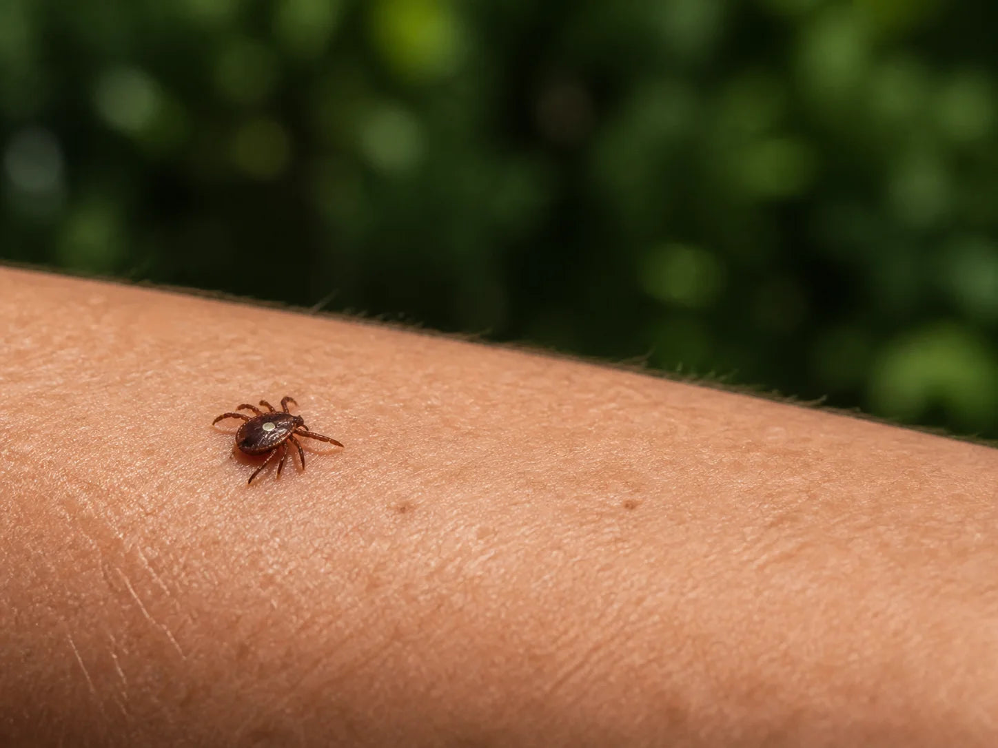 Editorial close-up of a lone star tick on skin