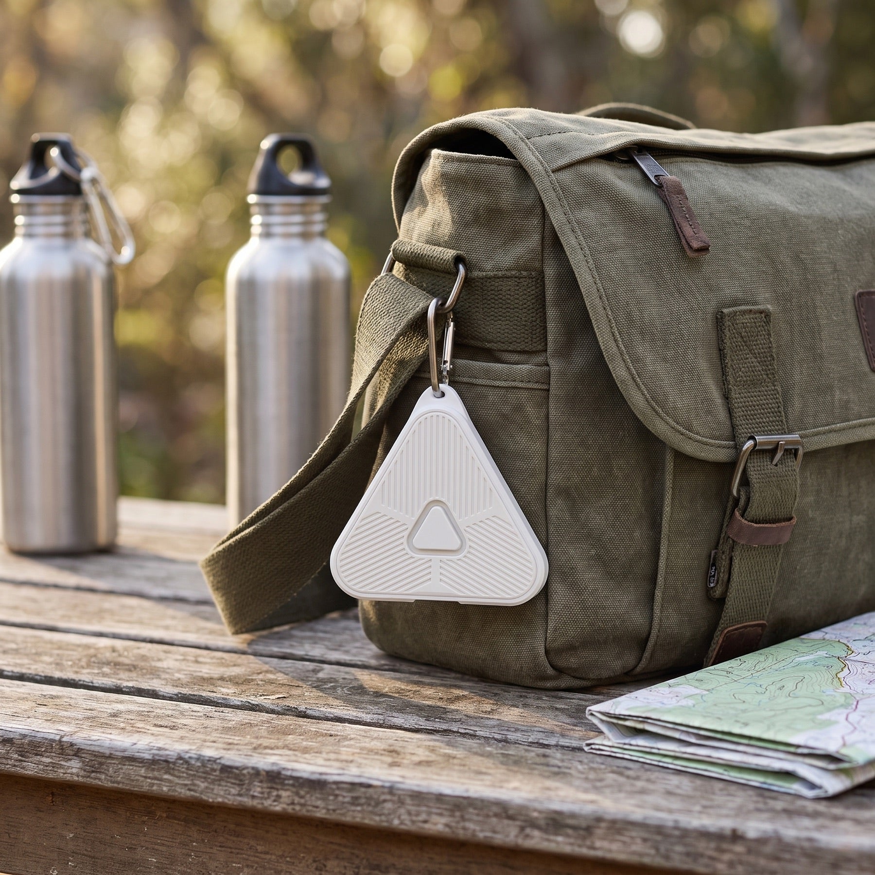 Slate Signal clipped to a day bag at an outdoor table