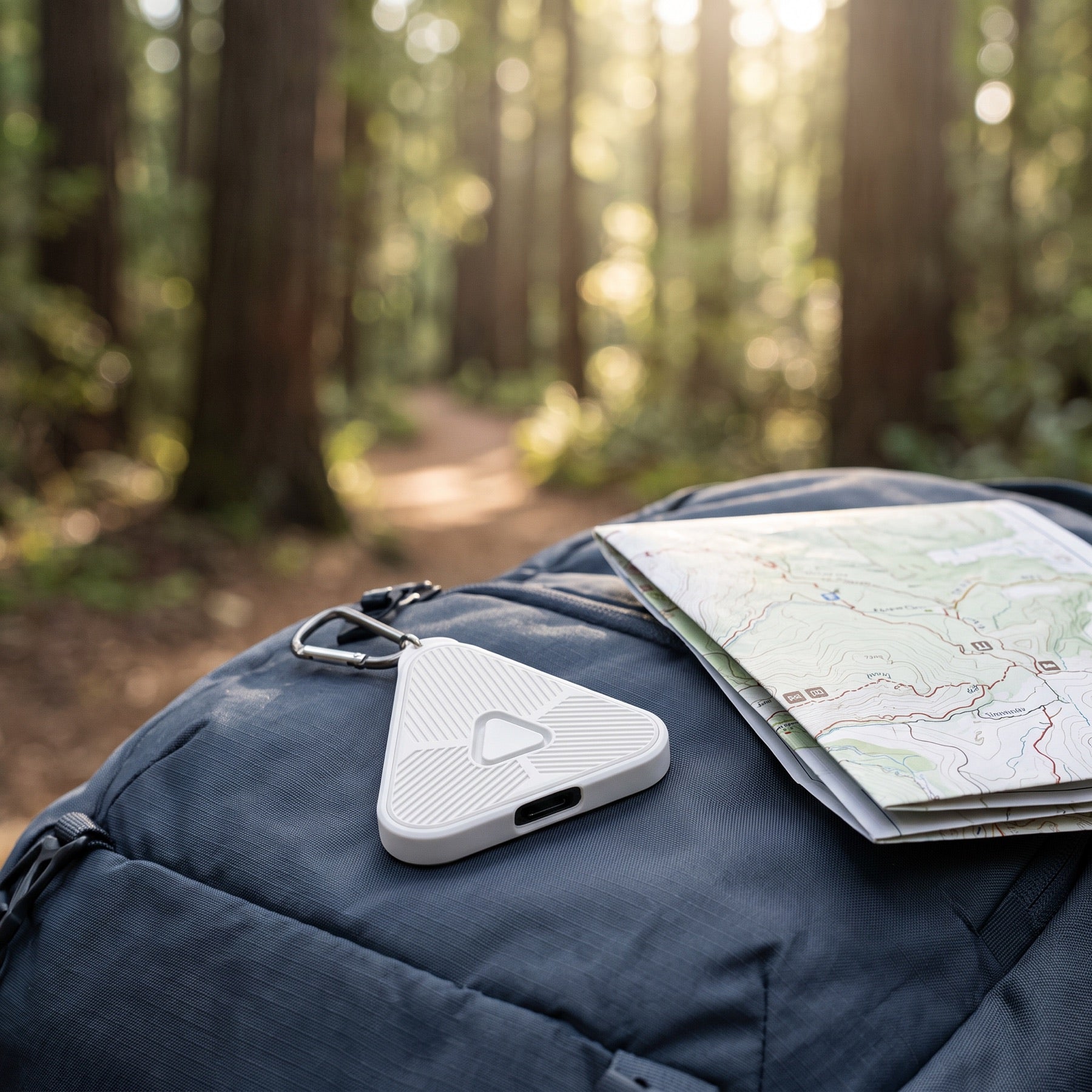 Slate Signal resting on a backpack beside a trail map