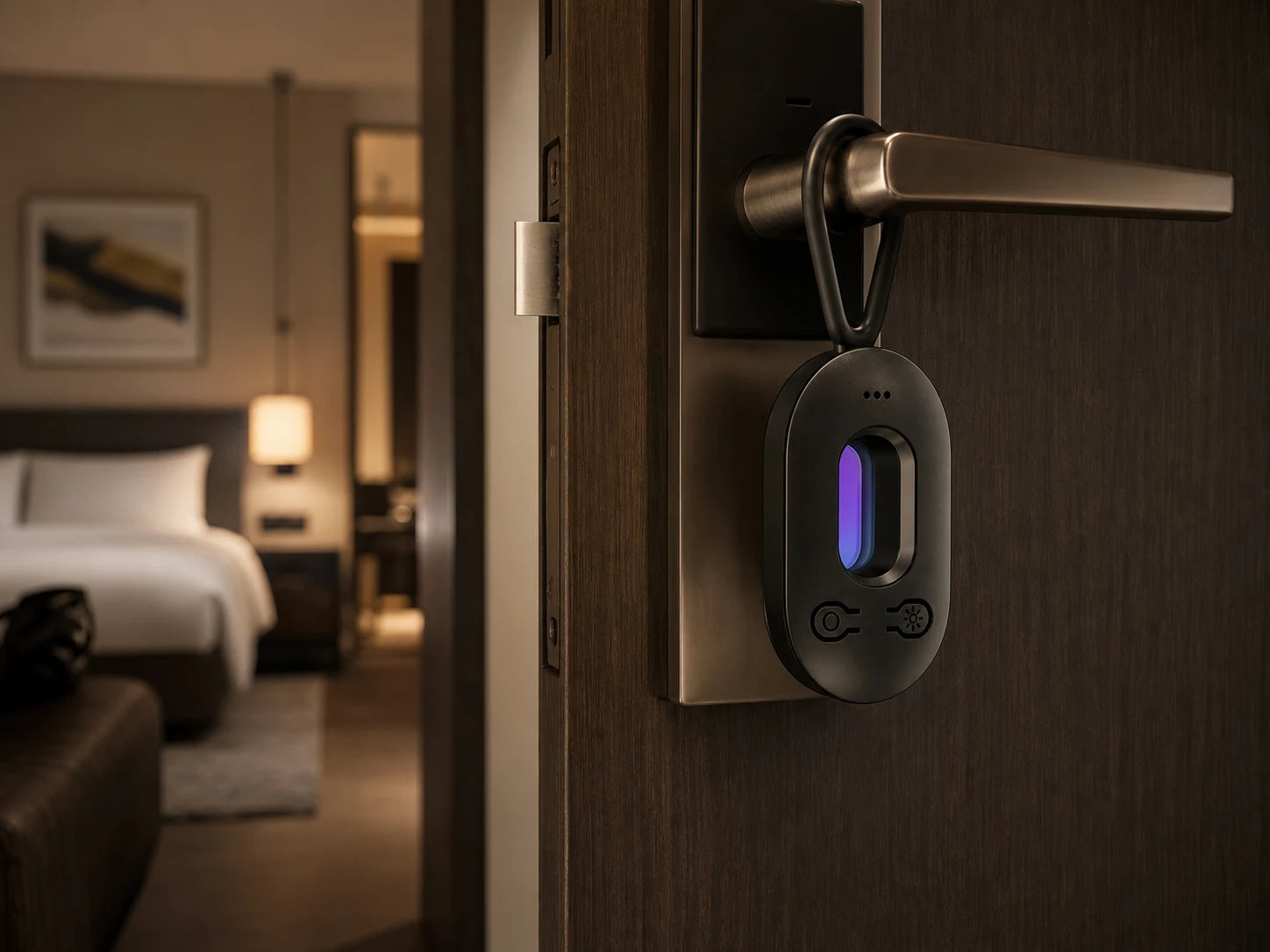 Slate Detect hanging from a hotel-room door handle