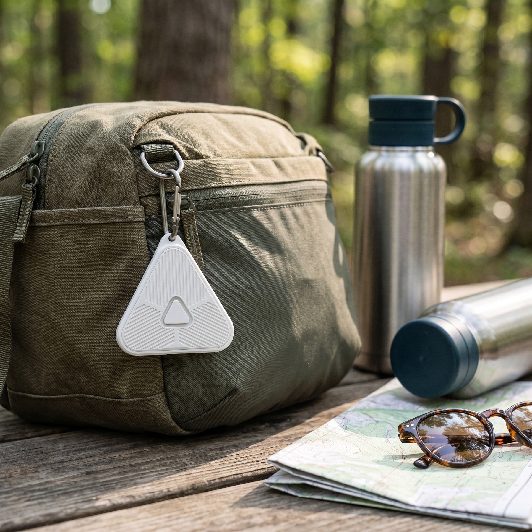 Slate Signal clipped to a compact outdoor shoulder bag